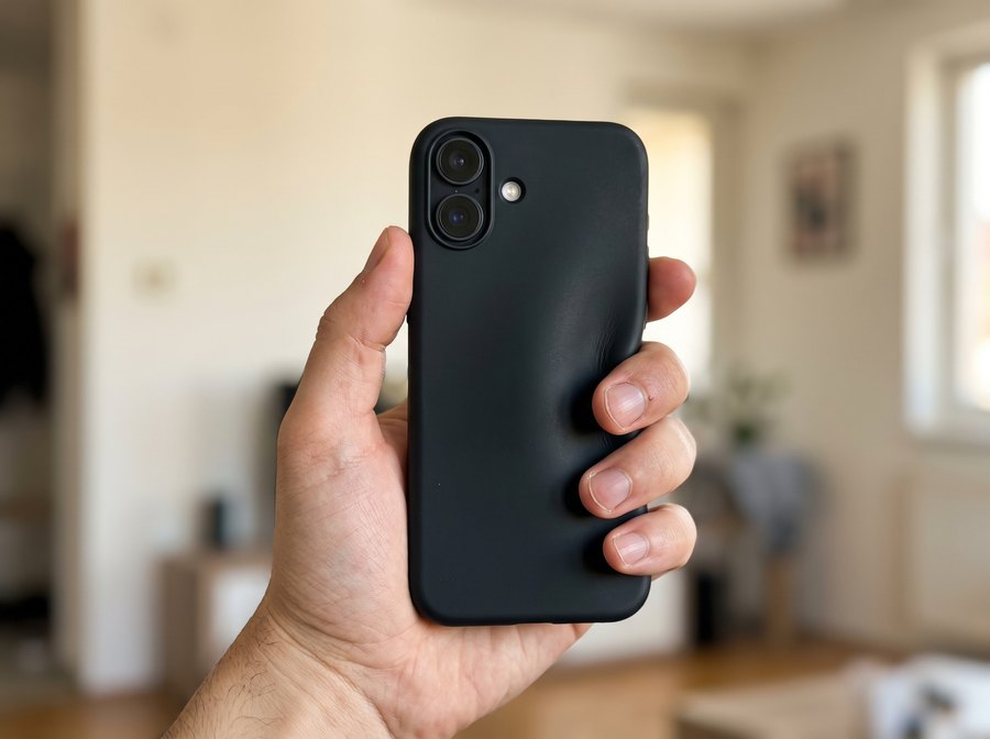 Hand hält das Handy, die Fingerkuppen drücken ins weiche Silikon